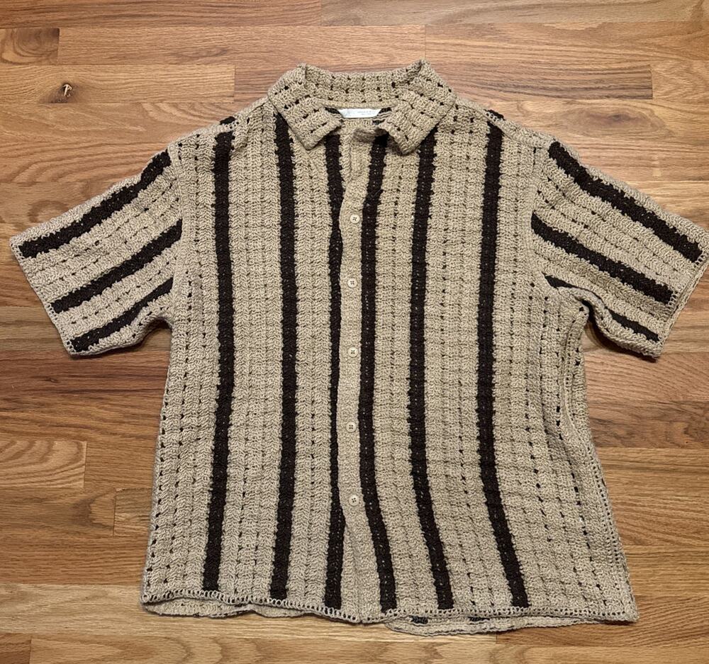 ZARA Men’s Crochet Striped Brown Summer Beach Button Up Shirt Size M